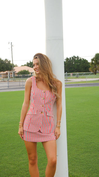 Portia Stripe Romper - Red