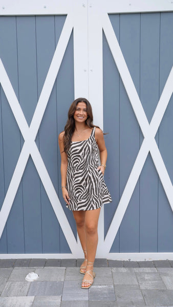 Linen Swing Mini Dress- Black Zebra