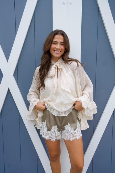 Lace Trim Shorts - Olive Green