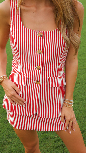 Portia Stripe Romper - Red
