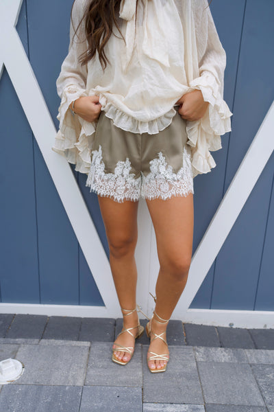 Lace Trim Shorts - Olive Green